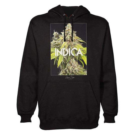 StonerDays Indica Hoodie in black with a centered cannabis design, made from cozy cotton and polyester