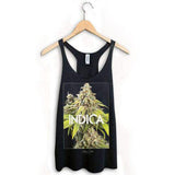 StonerDays Indica Racerback Tank Top in black, front view on hanger, sizes S to XXL available