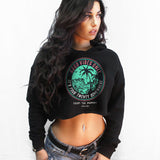 StonerDays black crop top hoodie with 'It's 420 Somewhere' print, front view on model