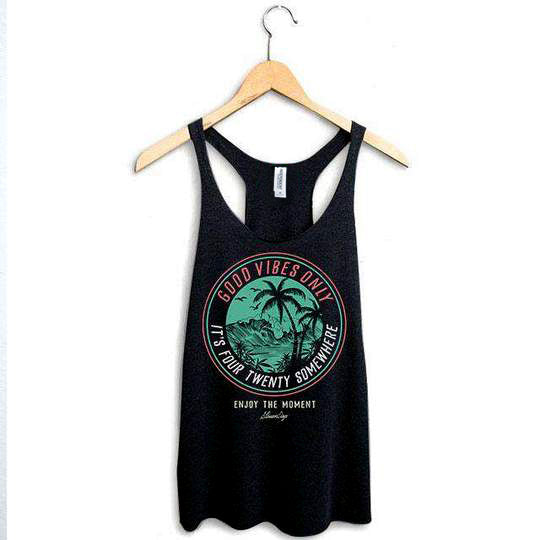 StonerDays women's racerback tank top with 'It's 420 Somewhere' graphic, front view on hanger