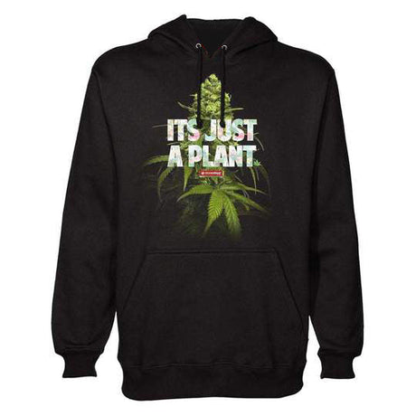 StonerDays Men's Hoodie in black with 'It's Just A Plant' design, made of cotton, front view