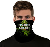 StonerDays It's Just A Plant Neck Gaiter worn by model, front view, with vibrant cannabis design