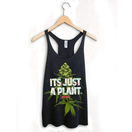 StonerDays women's tank top with 'It's Just A Plant' design, cotton blend, front view on hanger