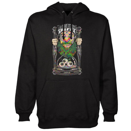 StonerDays black hoodie with 'It's Time To Get Trippy' colorful print, front view, sizes S to XXL