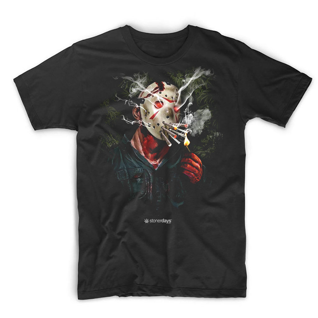 StonerDays Jason Tee in black cotton, front view with horror-inspired graphic design