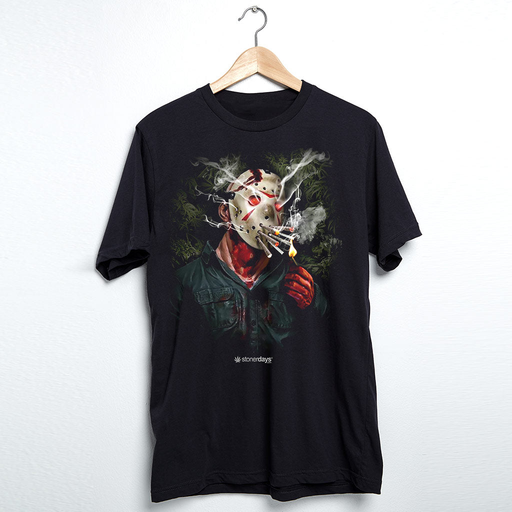 StonerDays Jason Tee in black cotton, front view on hanger with horror-inspired graphic design