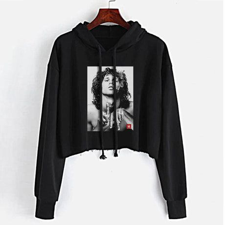 StonerDays Jim La Crop Top Hoodie for Women, Black Cotton, Front View on Hanger