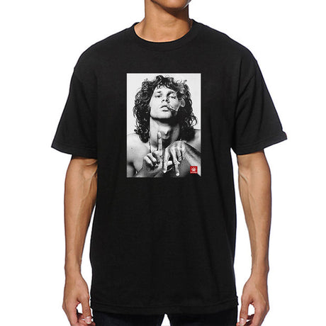 StonerDays Jim La men's black cotton t-shirt with graphic print, front view on model