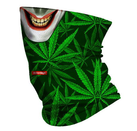StonerDays Joker Grin Neck Gaiter with cannabis leaf design, front view on white background