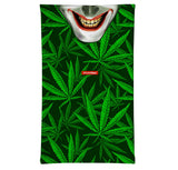 StonerDays Joker Grin Neck Gaiter with vibrant cannabis leaf pattern, front view.
