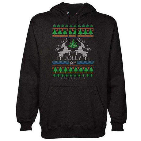 StonerDays Jolly Af Ugly Hoodie front view on white background, featuring festive cannabis leaf design