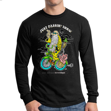 StonerDays Just Passin Thru long sleeve shirt in black, front view, featuring quirky graphic design, sizes S-XXXL