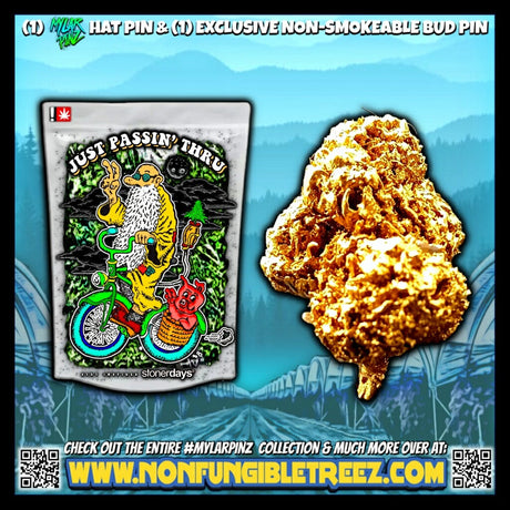 StonerDays Just Passin Thru Mylarpinz Pin Set with vibrant colors on a scenic backdrop