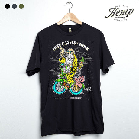 StonerDays Hemp Tee in Caviar Black featuring 'Just Passin Thru' graphic, front view on hanger