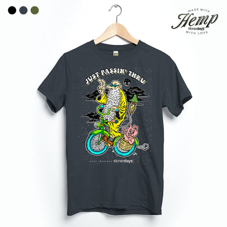 StonerDays Hemp Tee in Smoke Grey featuring 'Just Passin' Thru' graphic, front view on hanger