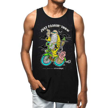 StonerDays Just Passing Through Tank Top in Medium, front view on model, with colorful graphic design