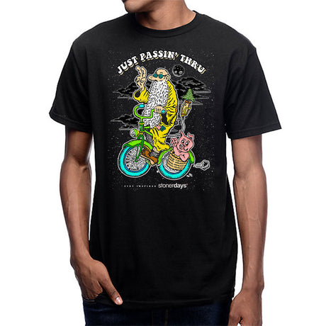 StonerDays Just Passing Through Tee in black cotton, front view on model