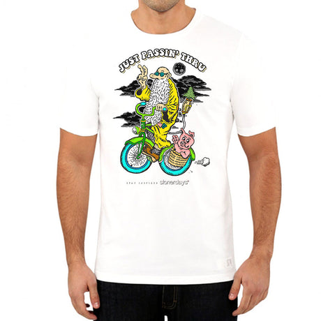 Front view of StonerDays Just Passing Through White Tee in cotton featuring quirky print