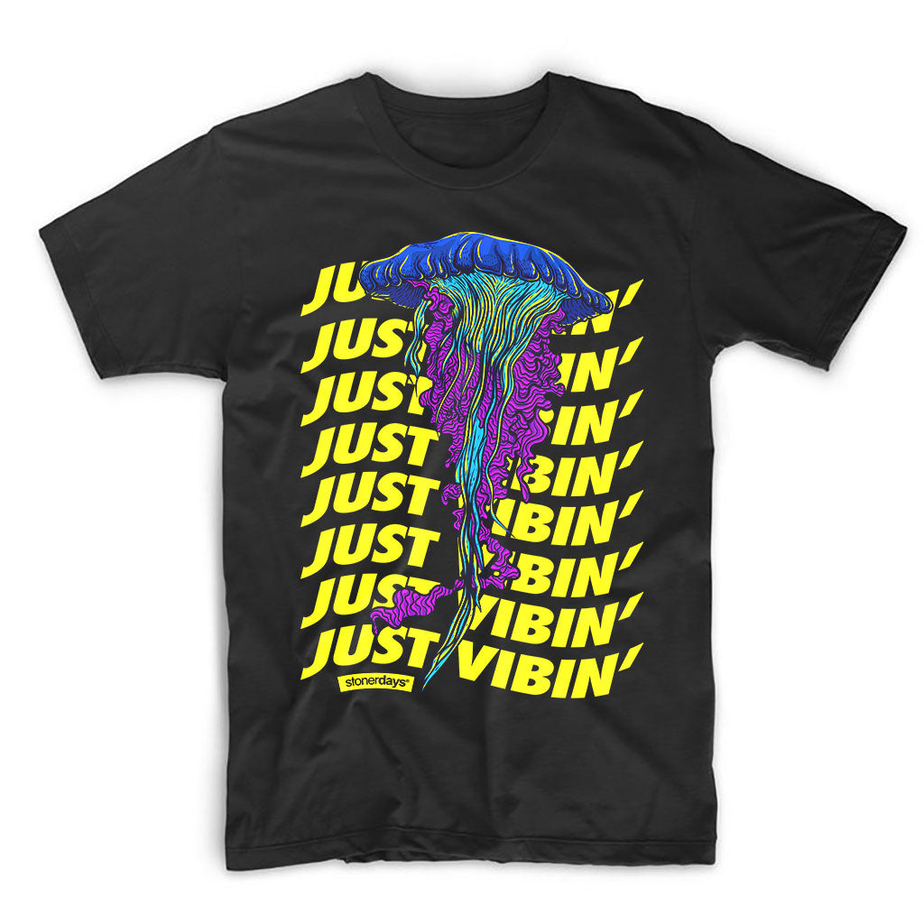 StonerDays Just Vibin' Men's T-Shirt with vibrant jellyfish design, front view on black background