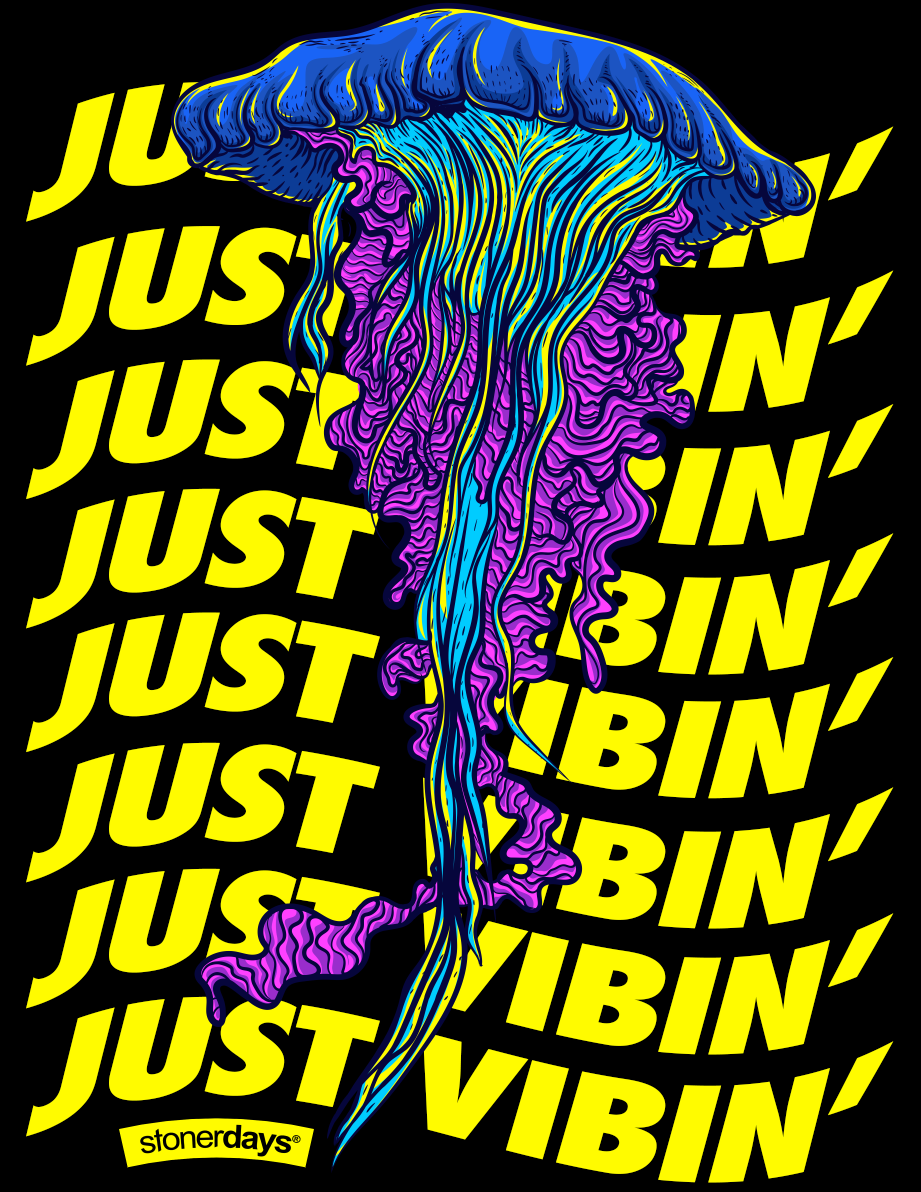 StonerDays Just Vibin' T-shirt with vibrant jellyfish design on a black background