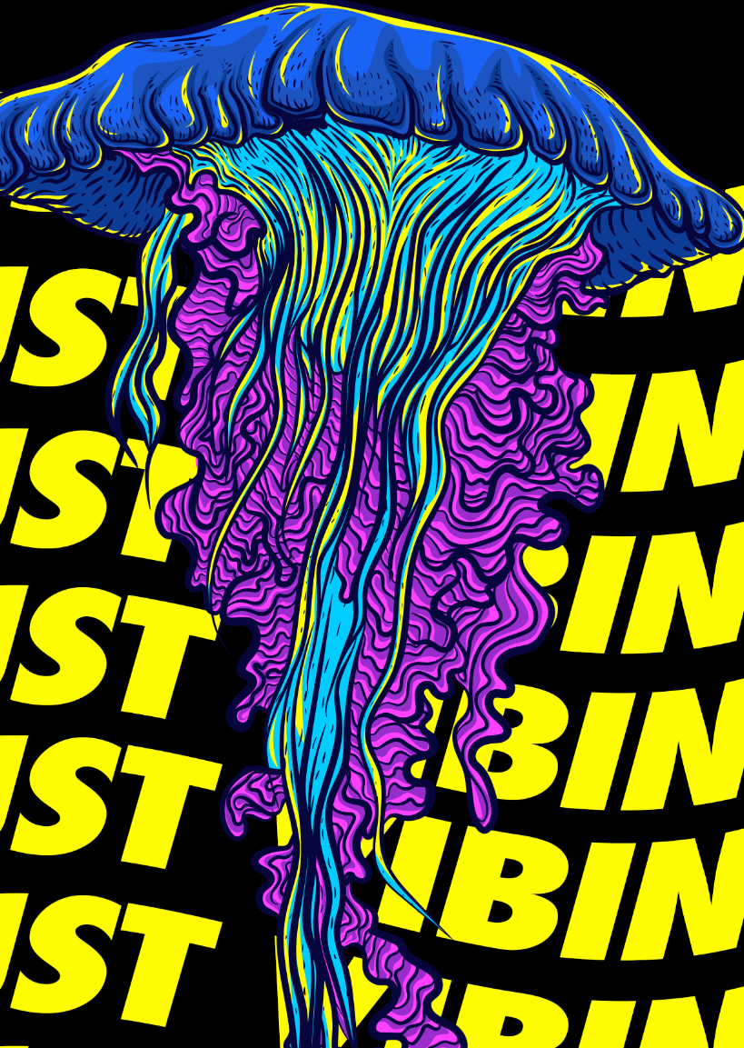 StonerDays Just Vibin' T-shirt with vibrant jellyfish design on black background