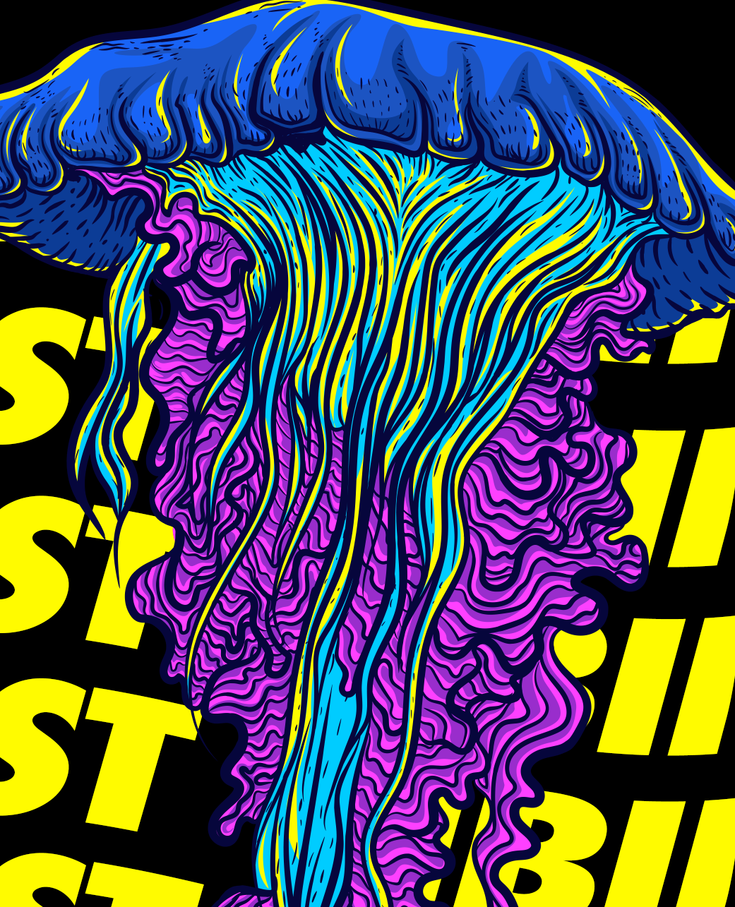 StonerDays Just Vibin' men's t-shirt with vibrant jellyfish design on black background