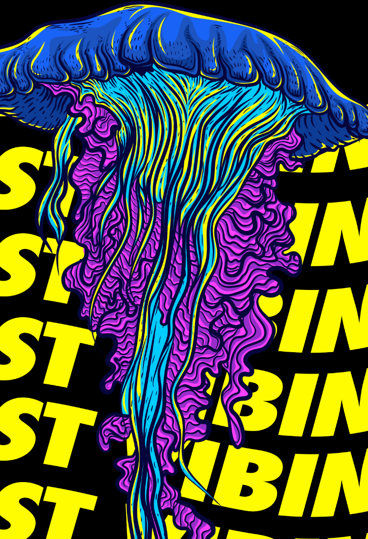 StonerDays Just Vibin' T-shirt with vibrant jellyfish design on black background, men's apparel