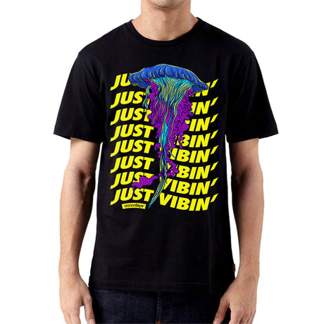 StonerDays Just Vibin' Men's T-Shirt with Psychedelic Jellyfish Design - Front View