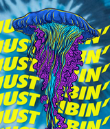 StonerDays Just Vibin' T-Shirt in Blue Tie Dye with Jellyfish Design, Front View