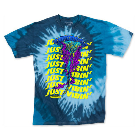 StonerDays Just Vibin' T-shirt in blue tie dye with vibrant jellyfish design, available in multiple sizes