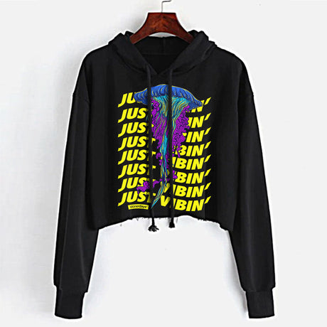 StonerDays Just Vibin' Crop Top Hoodie in Black with Colorful Print, Front View