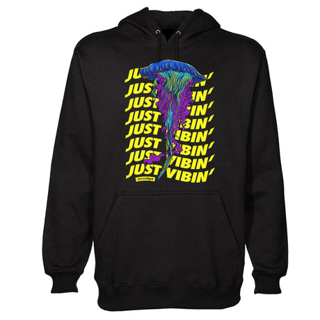 StonerDays Just Vibin' Hoodie in black featuring a colorful jellyfish design and vibrant text, front view.