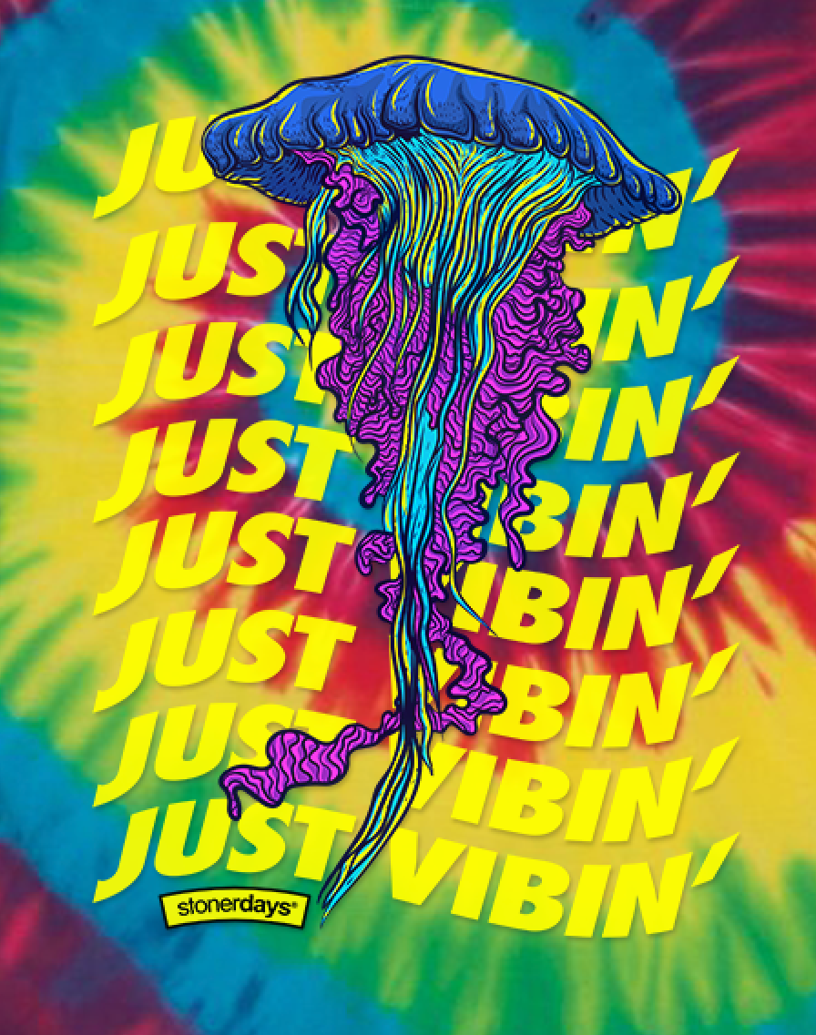 StonerDays Just Vibin' Tie Dye T-shirt with vibrant jellyfish design on a colorful background