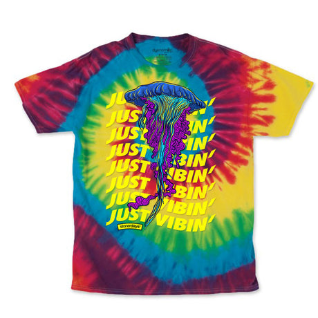 StonerDays Just Vibin' Tie Dye T-Shirt in vibrant colors, front view on a white background