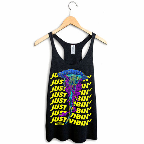 StonerDays Just Vibin' Women's Racerback Tank Top in Black with Colorful Jellyfish Design, Sizes S-XXL