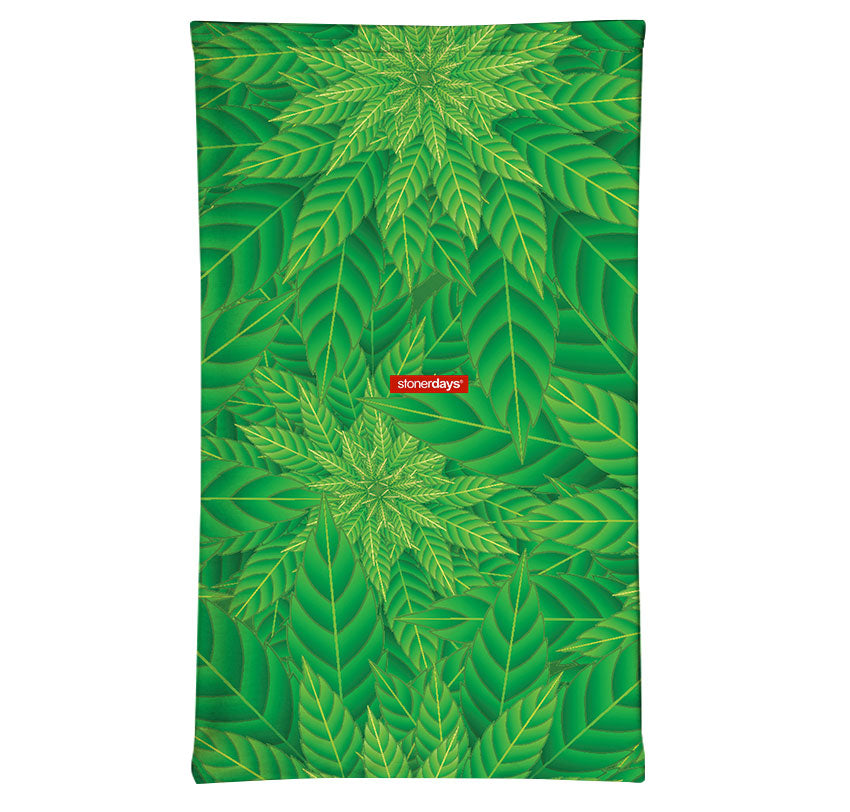 StonerDays Kaleidoscope Of Kush Neck Gaiter with vibrant green cannabis leaf design