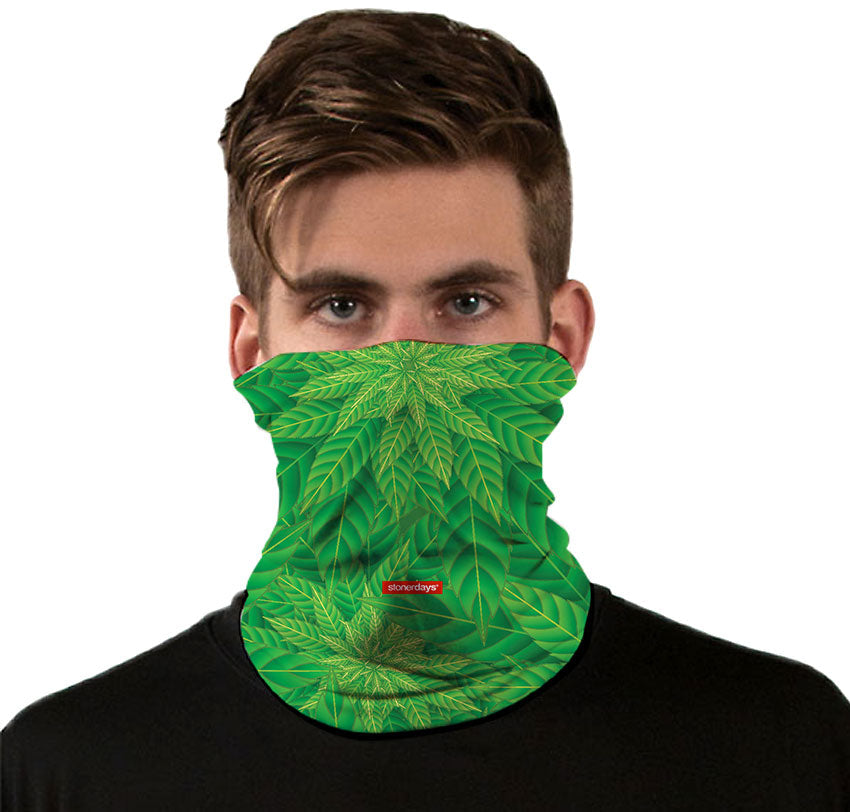 StonerDays Kaleidoscope Of Kush Neck Gaiter featuring vibrant green cannabis leaf design, front view on model