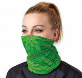 StonerDays Kaleidoscope Of Kush Neck Gaiter featuring vibrant green leaf design, front view on model