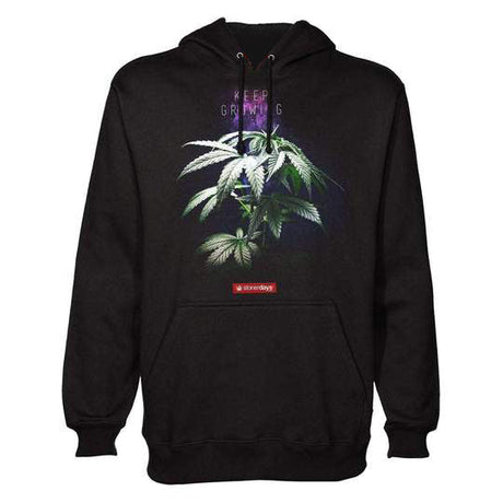 StonerDays Keep Growing Hoodie in black, front view, with cannabis plant graphic, size options available