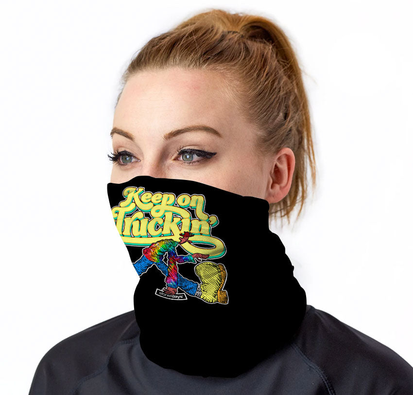 StonerDays Keep On Truckin' Neck Gaiter worn by model, front view, with vibrant graphic design