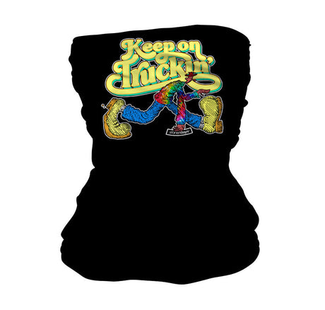 StonerDays Keep On Truckin' Neck Gaiter featuring vibrant retro design, front view on a seamless black background.