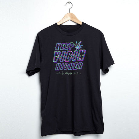 StonerDays Keep Vibin Higher men's black t-shirt with graphic print, front view on hanger