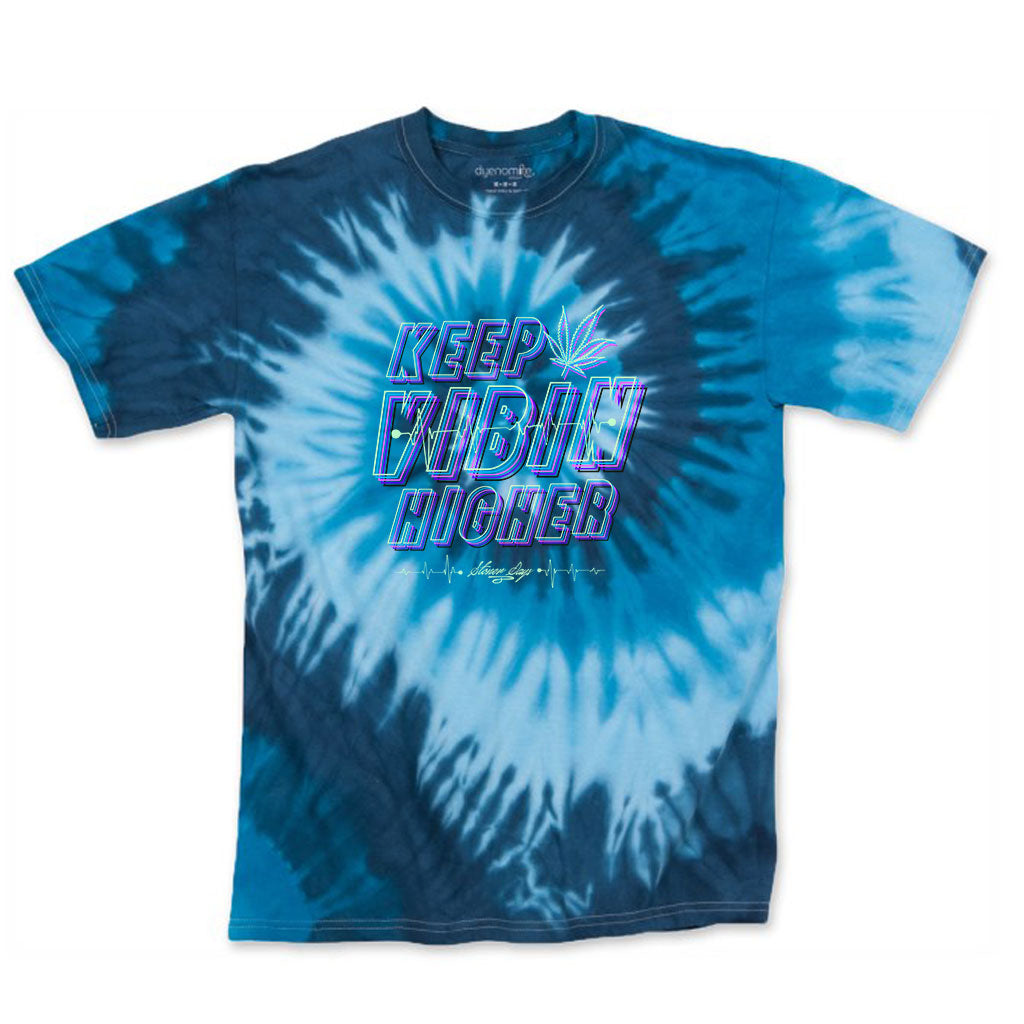 StonerDays Keep Vibin Higher T-shirt in blue tie-dye design, front view on a white background