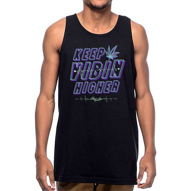 StonerDays Keep Vibin Higher Tank in black, front view on male model, sizes S to XXXL