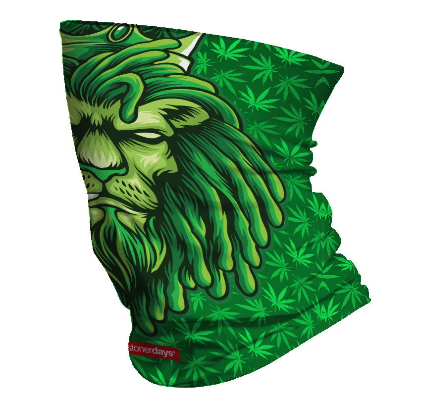 StonerDays King Of The Jungle Gaiter featuring green cannabis leaf design and lion graphic