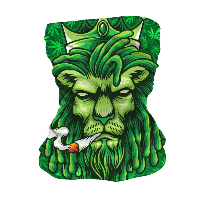 StonerDays King Of The Jungle Gaiter featuring a lion with a crown and joint, made of green polyester