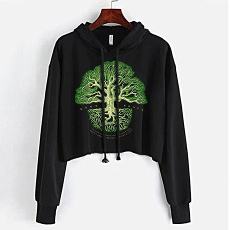 StonerDays Know Your Roots Crop Top Hoodie in Black with Green Tree Design - Front View