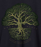 Close-up of StonerDays Know Your Roots Hemp T-shirt with detailed tree graphic