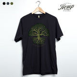 StonerDays Know Your Roots Hemp T-shirt in Caviar Black with tree design, front view on hanger