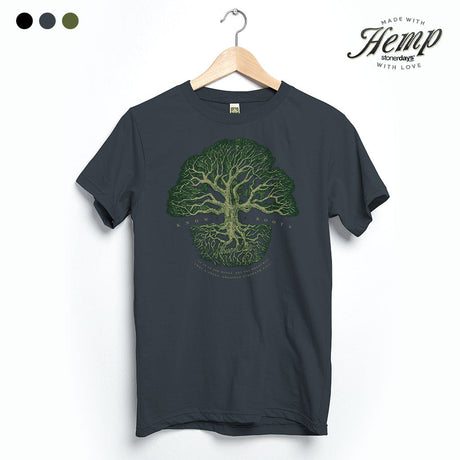 StonerDays Know Your Roots Hemp T-shirt in Smoke Grey, featuring a tree graphic, front view on hanger